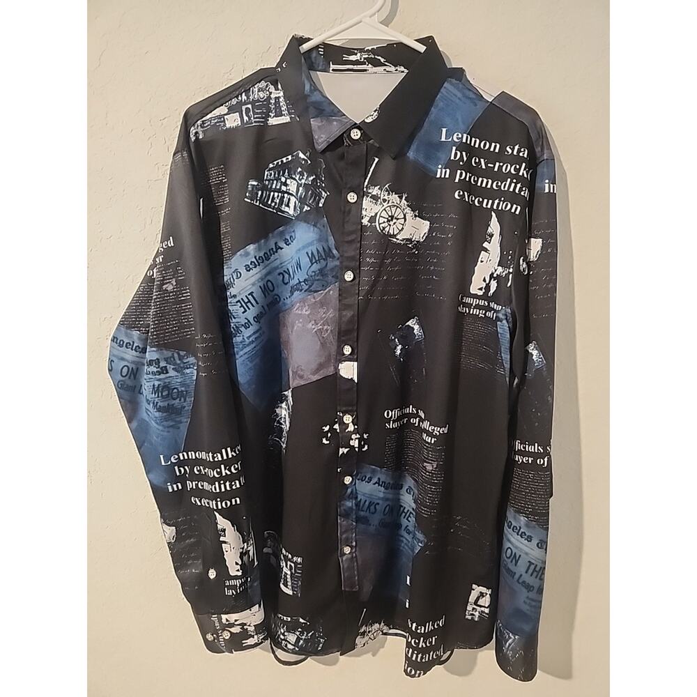 Vintage Style Newspaper Print L Button-Up Shirt – Lennon Graphic, Black & Blue